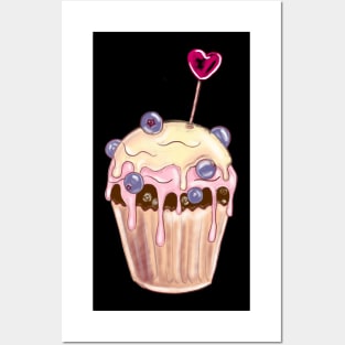 Chocolate cupcake with blueberries and love sign Posters and Art